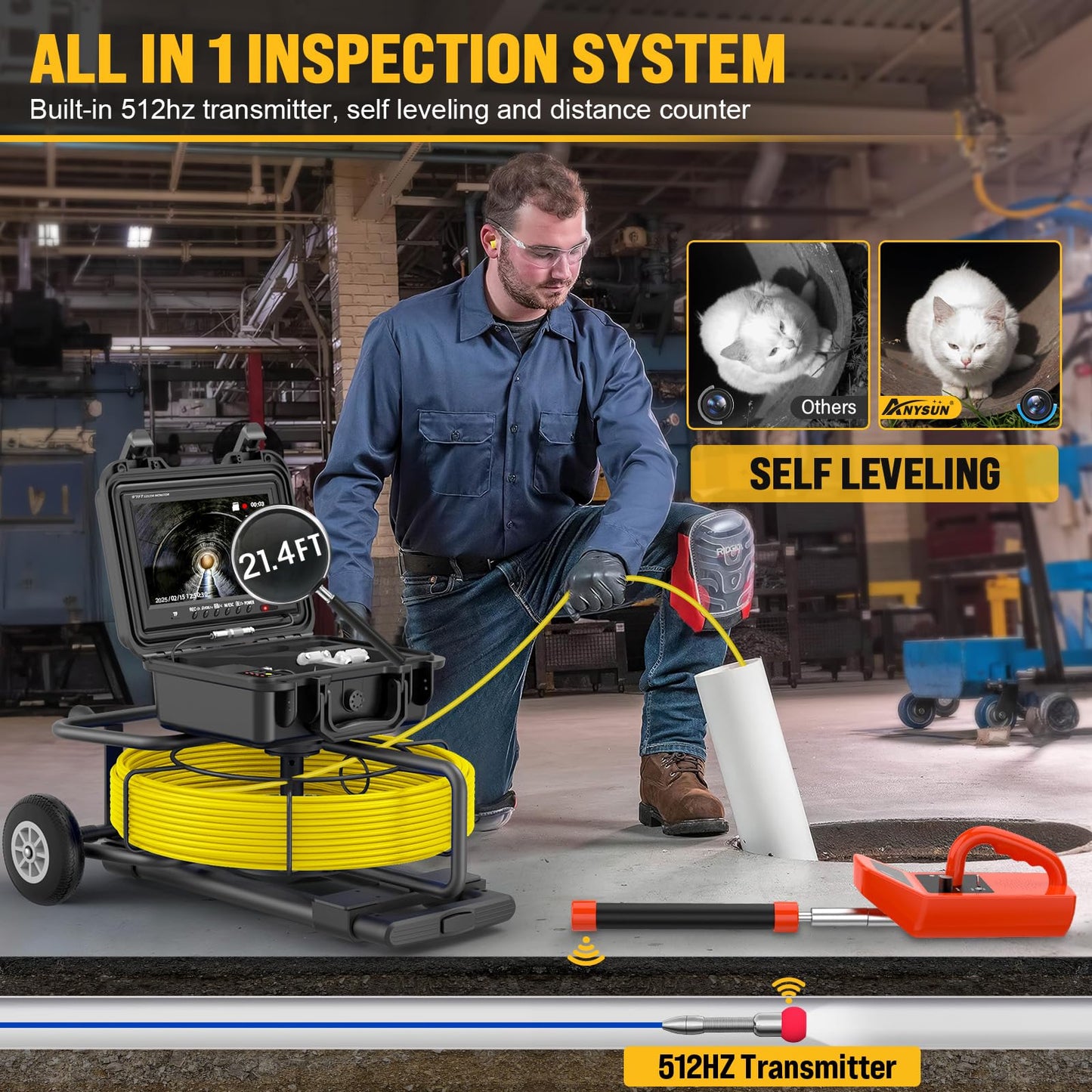 Anysun Sewer Camera with Locator 300ft, Self Leveling Sewer Inspection Camera with Distance Counter, 7MM Diameter Cable with Trolley and Wheels, 9" HD Monitor with DVR Drain Pipe Camera(32GB Card)