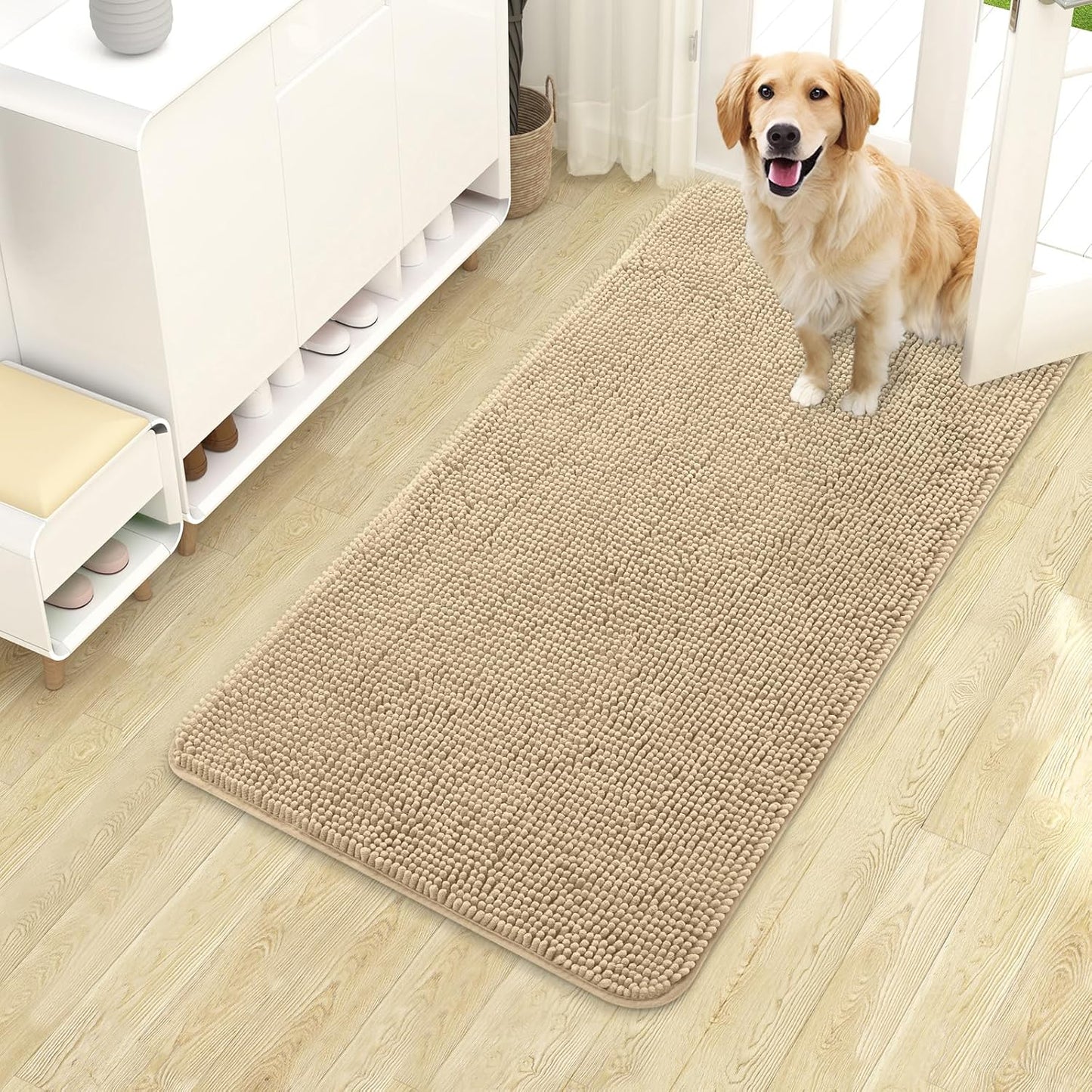 OLANLY Dog Door Mat - Absorbent Non-Slip Chenille for Muddy Paws | 40x24 Beige Indoor Entryway Carpet