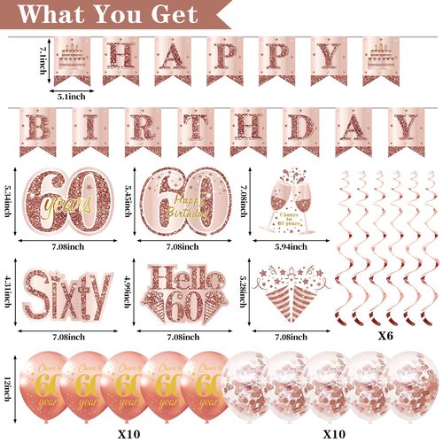 60th Birthday Decorations for Women, Pink Gold Happy 60th Birthday Banner Crown and Sash Balloons Backdrop Hanging Swirls Paper Fans, 60 Years Old Party Supplies Kit 32PCS