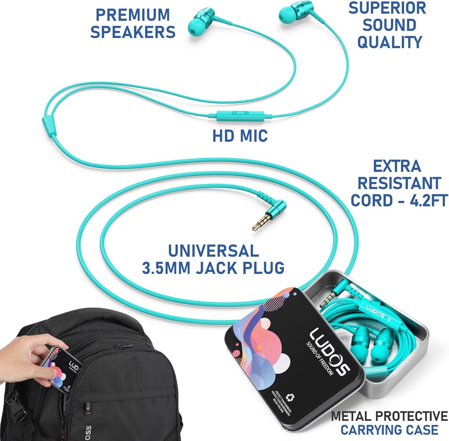 5 3.5 mm LUDOS OMNITONE Wired Earbuds in-Ear Headphones, Year Warranty, Earphones with Microphone, Jack Corded Ear