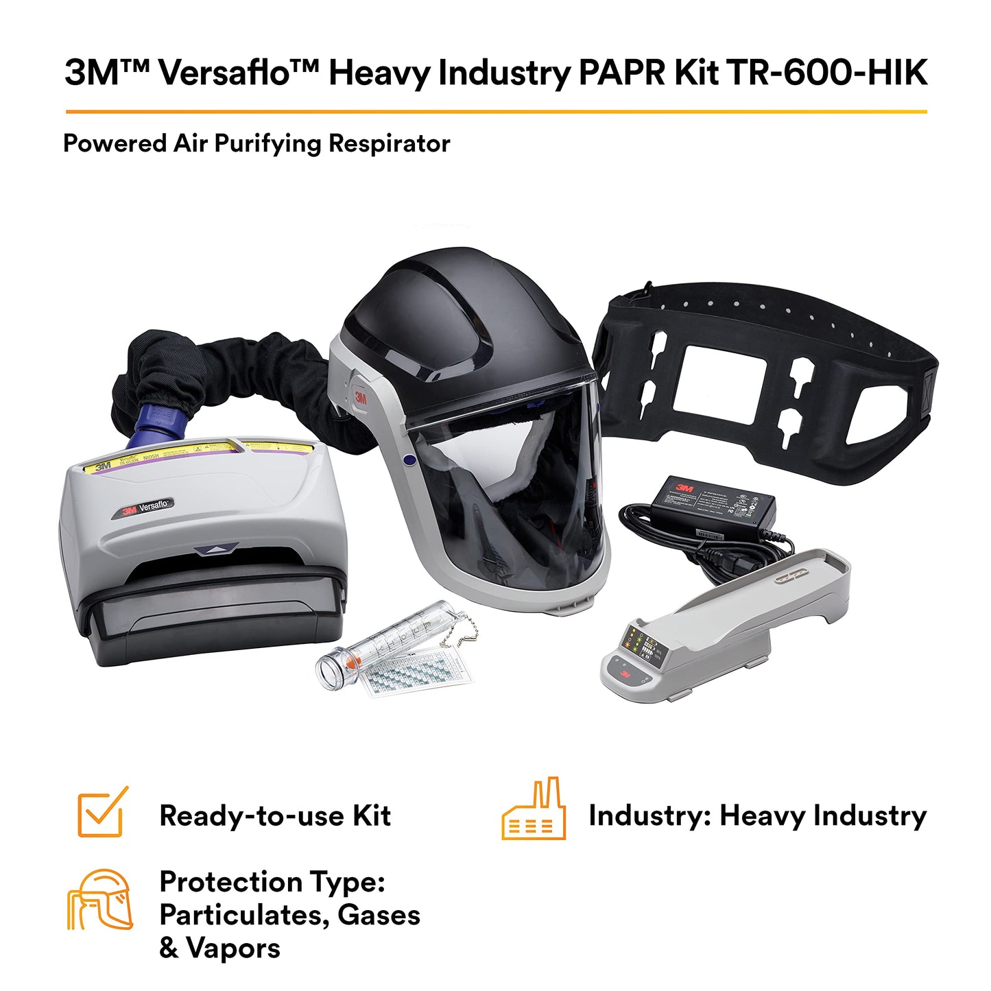 3M PAPR Respirator, Versaflo Powered Air Purifying Respirator Kit, TR-600-HIK, Heavy Industry, All-in-One Respiratory Protection, Easy to Use, High Capacity Battery, Metalwork, Grinding