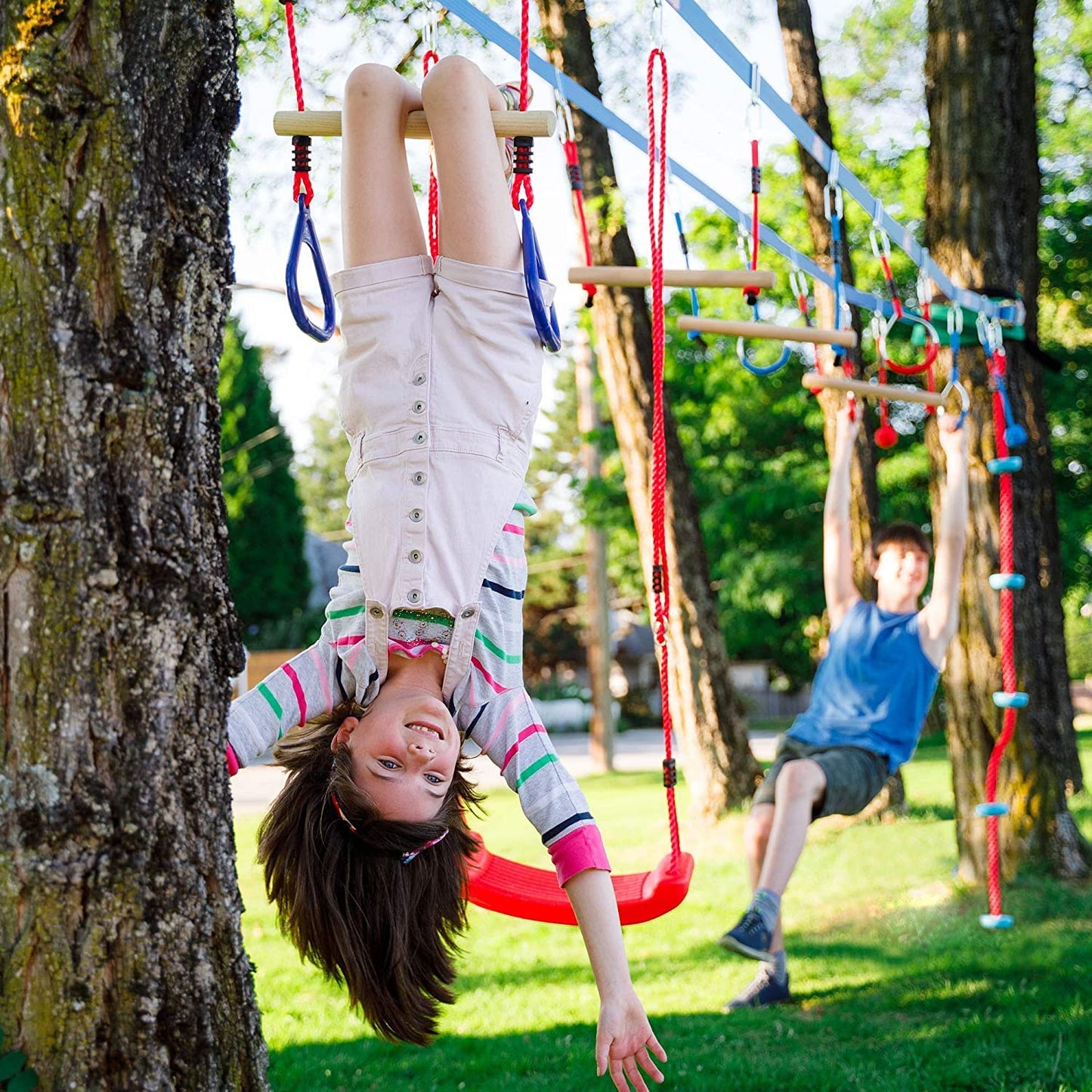 Double Ninja Slackline Obstacle Course for Kids | 110 Foot Line | Monkey Bars Playground Equipment | Ninja Warrior Obstacle Course for Kids | Patented Double Line Design (Deluxe)