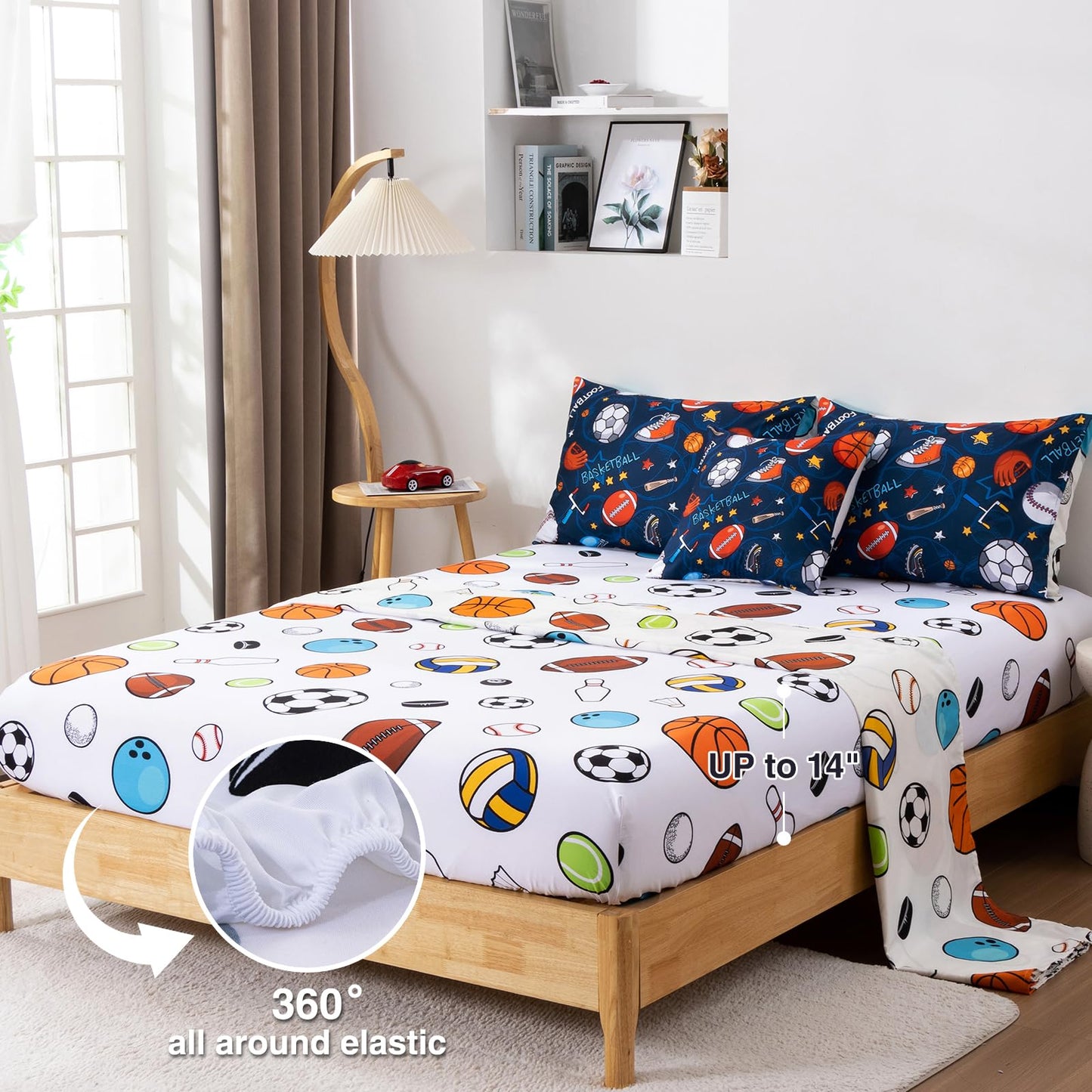 A Nice Night 6Pcs Bed in A Bag Full Sports Microfiber Modern Comforter Set,Navy Rugby Ball Printed Bedding Collections,for Boys Kids Teen