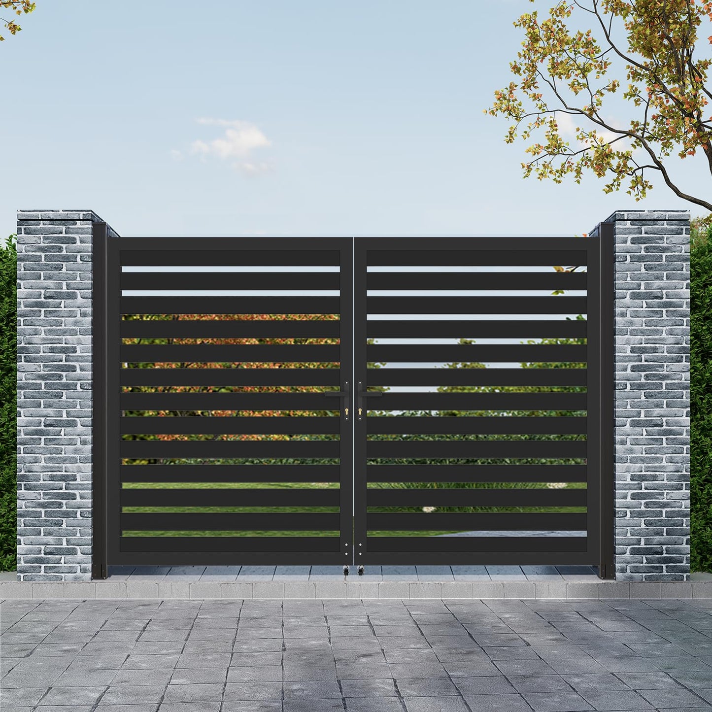 Mondaria Aluminum Double Fence Gate, 6FT H x 10FT W Outdoor Driveway Privacy Gate with Heavy Duty Metal Frame, Rustproof Powder-Coated Gate with Lockable Handle Kit, Horizontal Slat (Without Post)