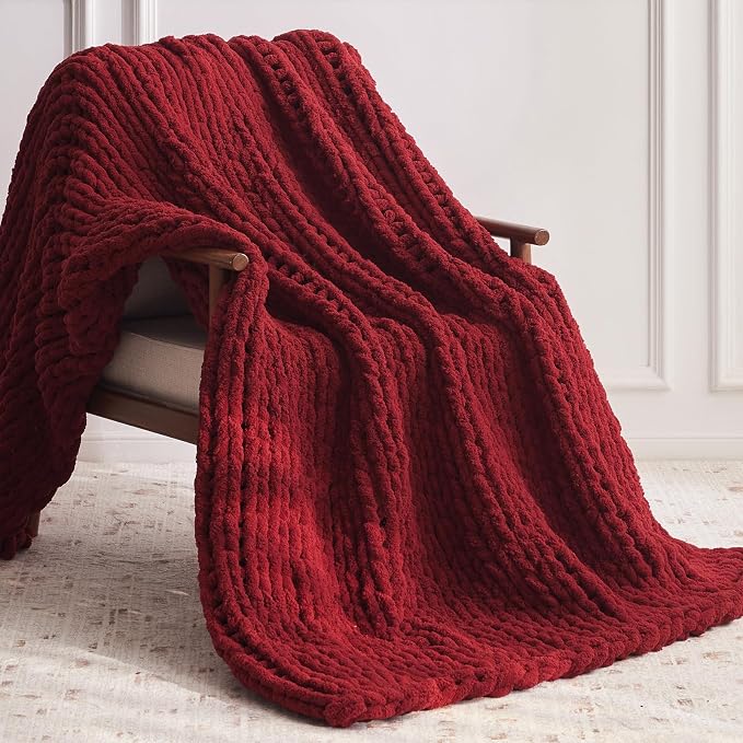 Negwoo Chunky Knit Throw Blanket, 80''*90'' Knitted Throw Chenille Yarn for Bed Couch, Handmade Red Crochet Big Thick Blanket, Machine Washable Cute Comfy Blanket for Home Decor