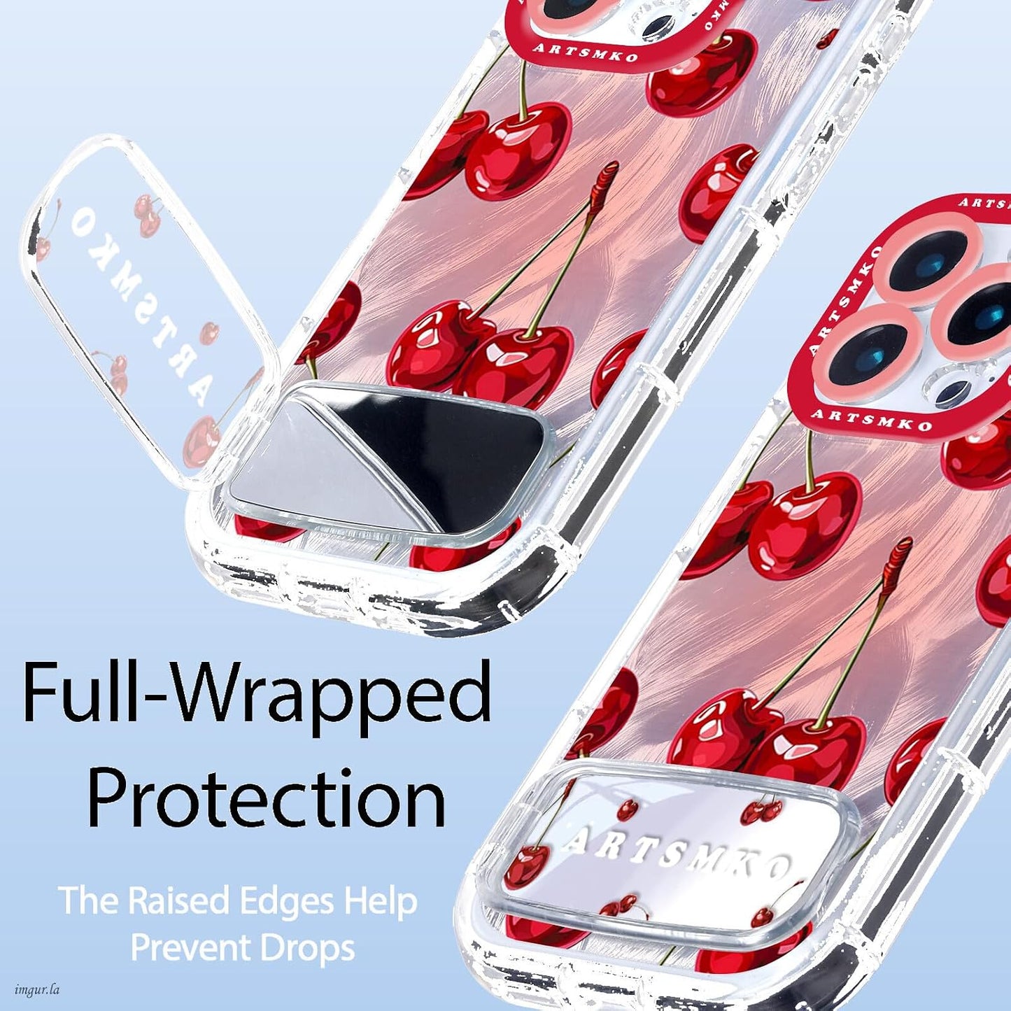 ARTSMKO 11, (11) Super Shiny Cute Red Cherry Phone Case: Fashion Mirror Bracket & Fruit Design Compatible with iPhone
