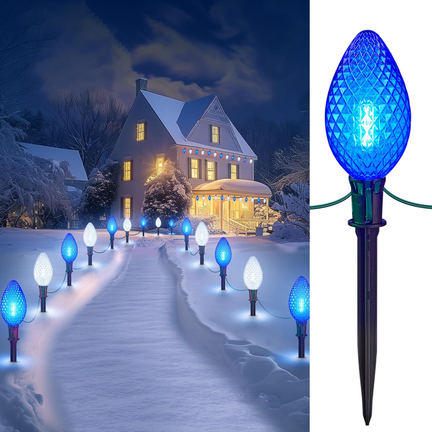 Minetom Christmas Pathway Lights - 2 Pack 13.5Ft C9 LED with 10 Stakes, Blue & Cool White, Waterproof, Model GY-C-50.6-U-B