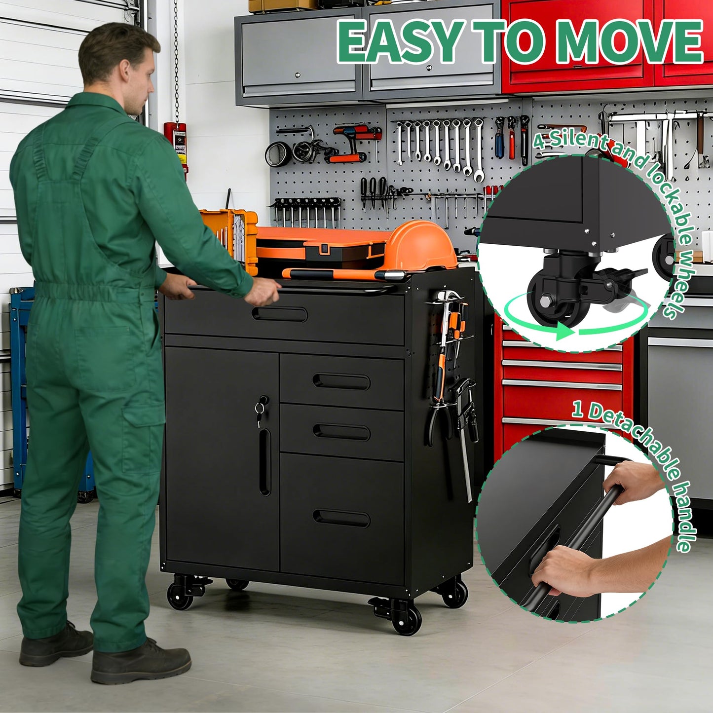 VIYET Garage Storage Cabinet,Metal Rolling Tool Cabinet with 2 Pegboard and 10 Hook,Heavy Duty Mechanics Tool Chest Storage for Workshop, Basement,Warehouse,Include Workbench Liner,Black