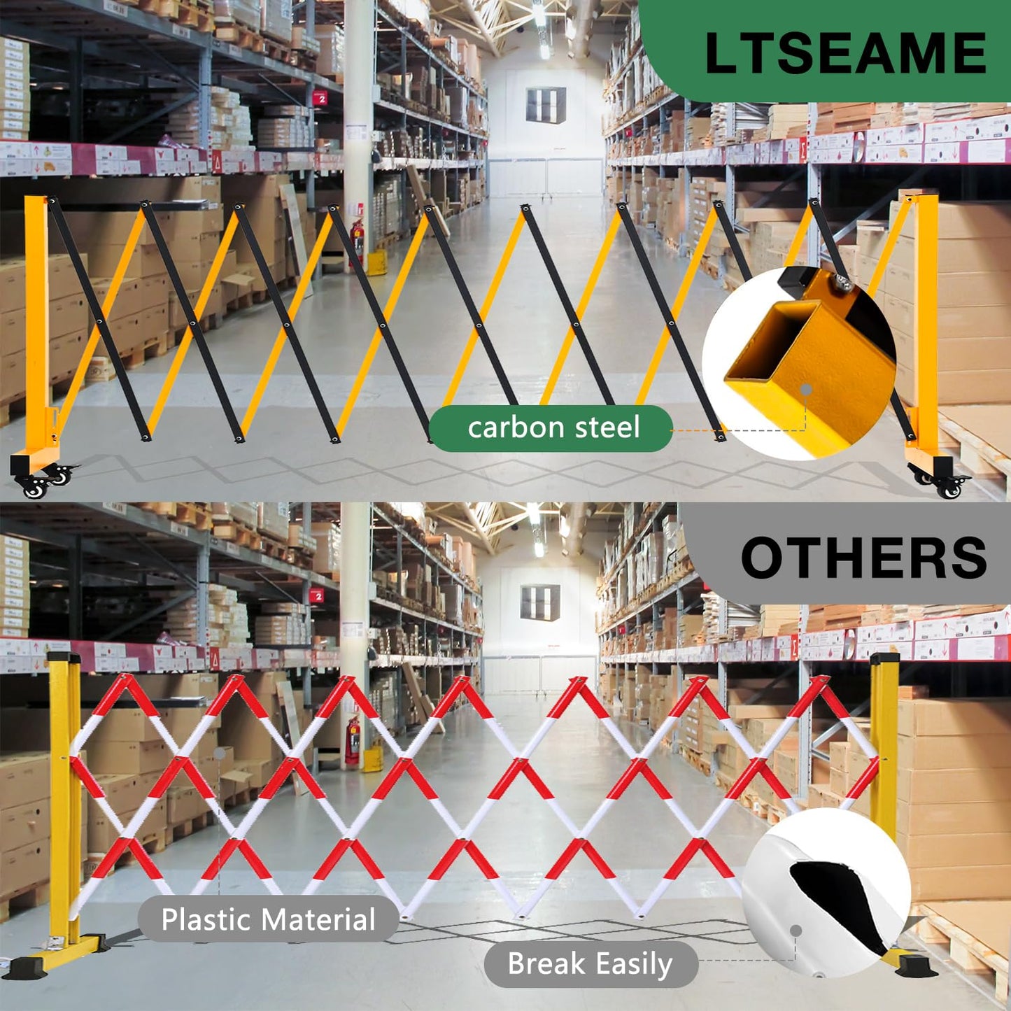 LTSEAME 11.5FT Expandable Barricade Gate, Expandable Metal Barricade Gate Alloy Fence with Wheels, Retractable Crowd Control, for Industrial or Residential Use (Yellow, 11.5FT)