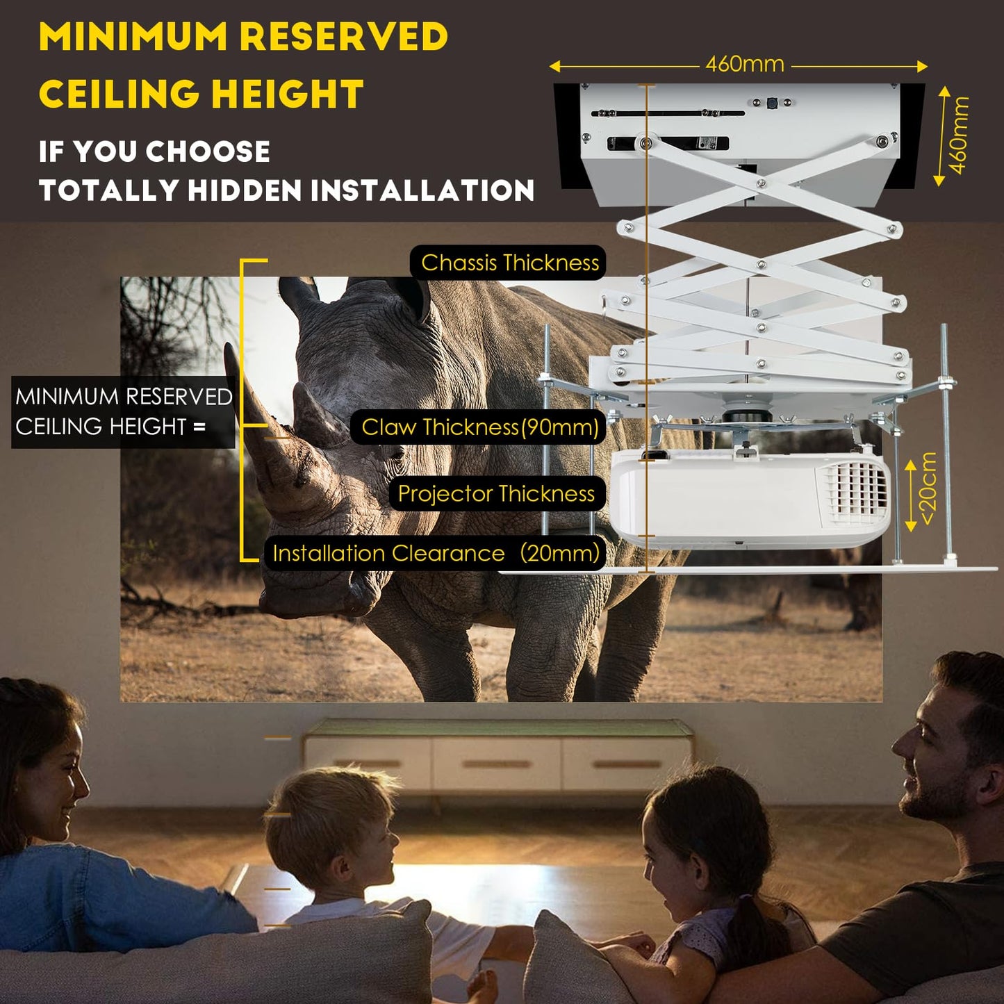 CGOLDENWALL 39" Ultra-Thin Hidden Projector Lift Motorized Projector Mount Adjustable, 44lbs Max Load, Remote Control, 18.9 * 18.9" Baseplate Customizable (Running Distance: 100cm/ 39.37")