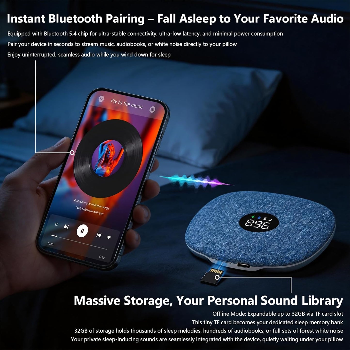 Mhaohuofu 16 Under Pillow Speaker for Sleeping, Dual Bone Conduction Bluetooth Pillow Speaker with LED Display, Two