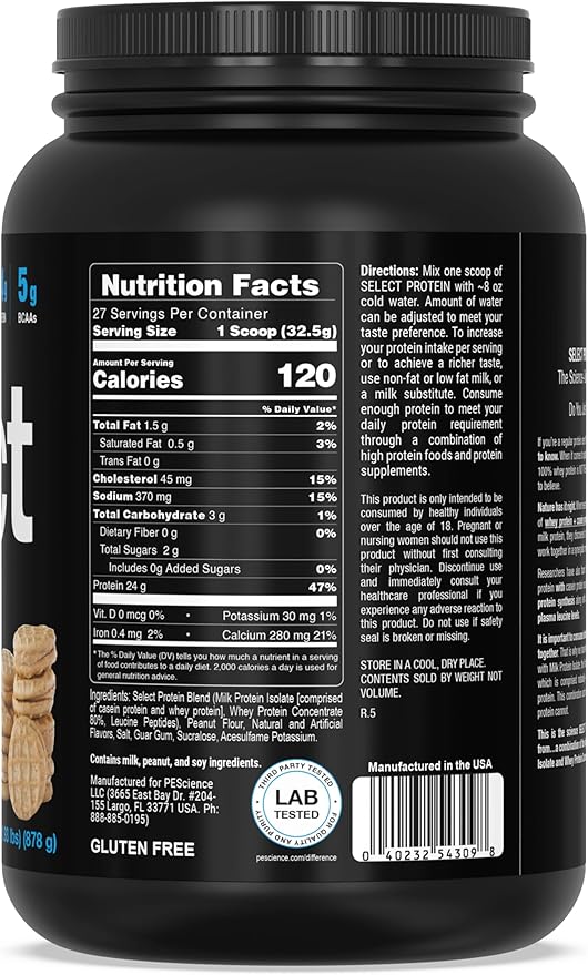 PEScience Select Protein Powder, Whey and Casein Blend, Clean Protein Powder for Women and Men, Low Calorie, Low Carb, Keto Friendly, Gluten Free - Peanut Butter Cookie - 27 Servings