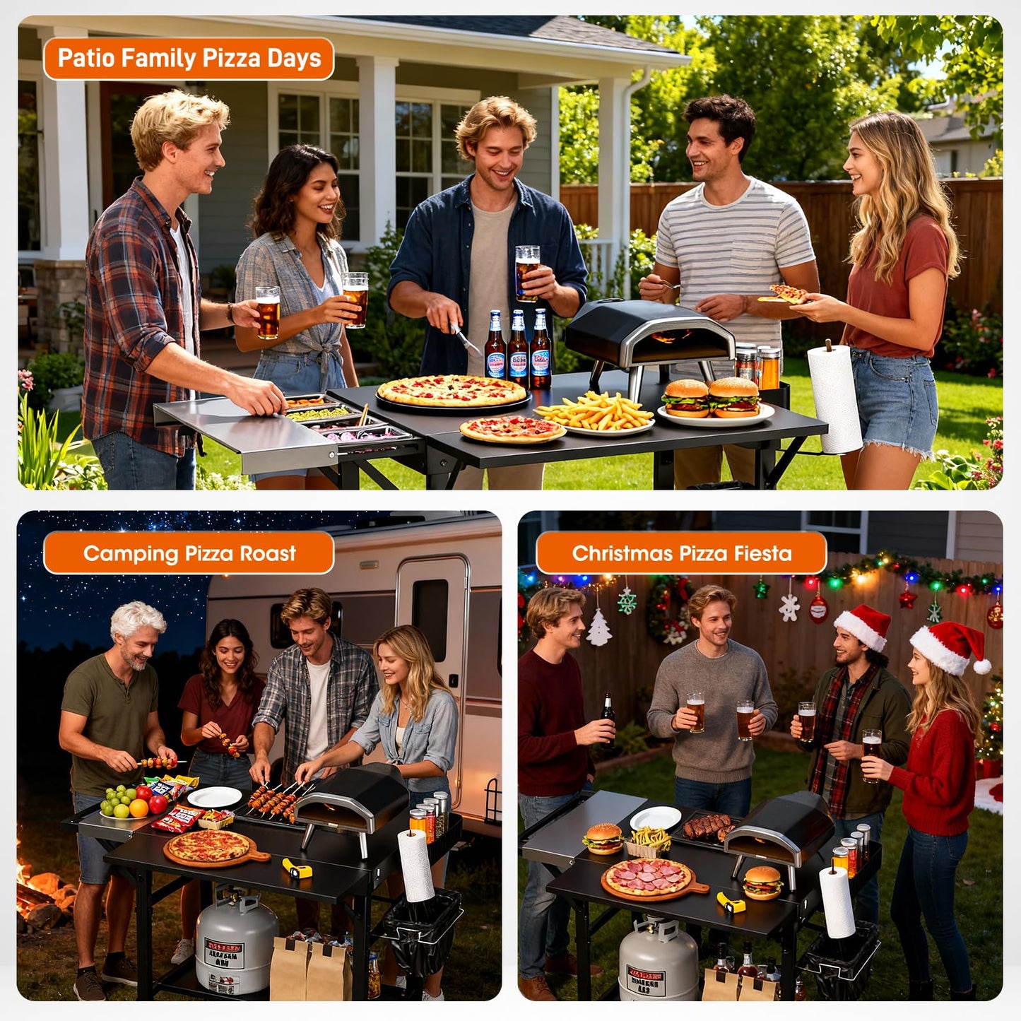 Pizza Oven Table for Ooni Pizza Ovens, Grill Cart Table with Topping Station, Pizzas Stands with Wheels, Expansive Countertop Pizzas Oven Accessories for Party Fits Blackstone Ninja Cuisinart Gozney