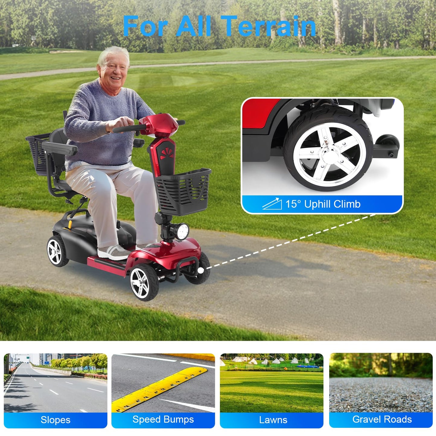 Eldryvon Mobility Scooter for Adults, 15/25/30/50 Miles Long Range, Foldable Electric Scooter for Seniors, Compact Heavy Duty Mobile for Travel, 300Lbs All Terrain, Rotating Wide Seat, Dual Baskets