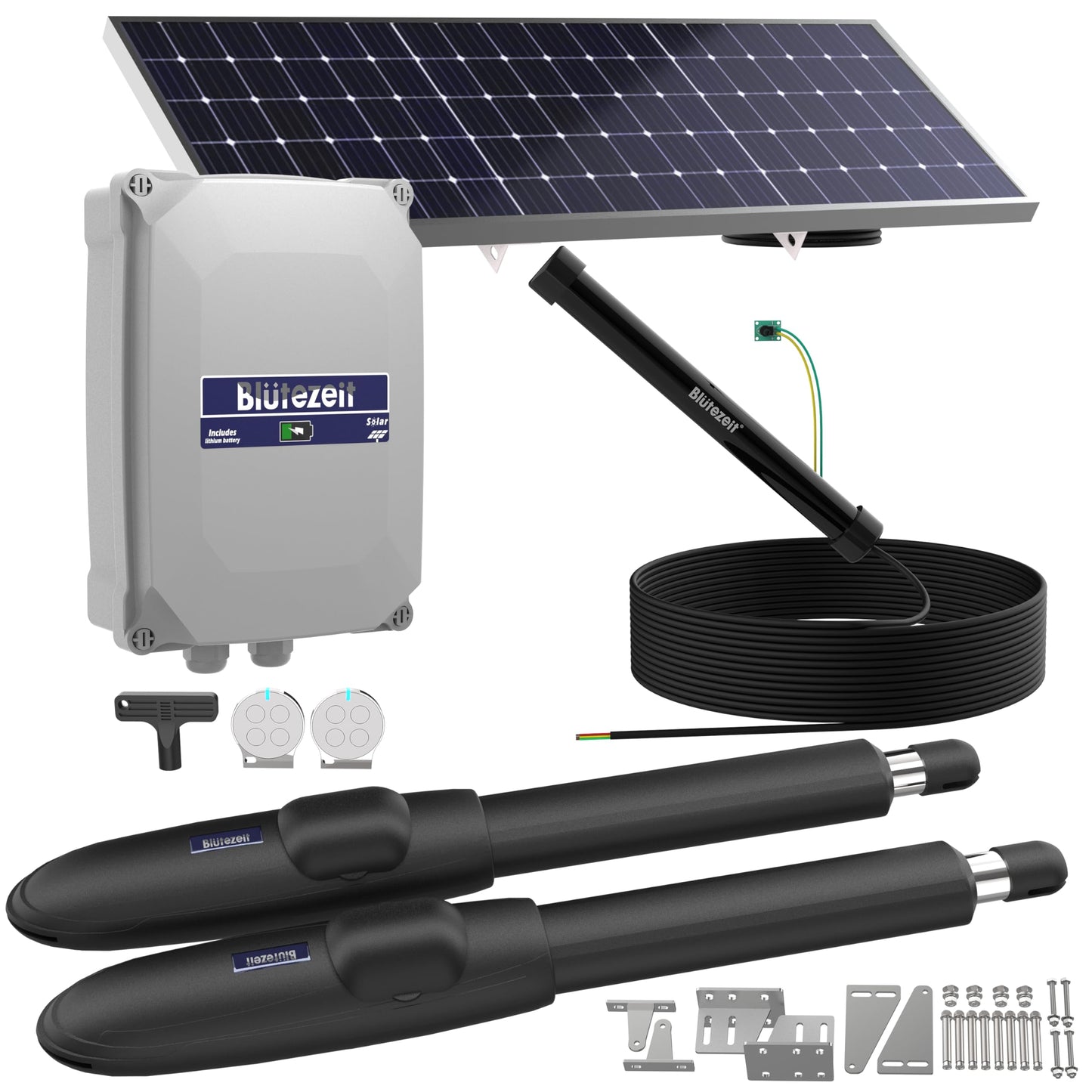 Blütezeit MS650 Solar Dual-Arm Swing Gate Opener + Exit Wand – 1760lb Operator with 24V Lithium Battery, 25W Solar Panel & Hands-Free Vehicle Exit Sensor