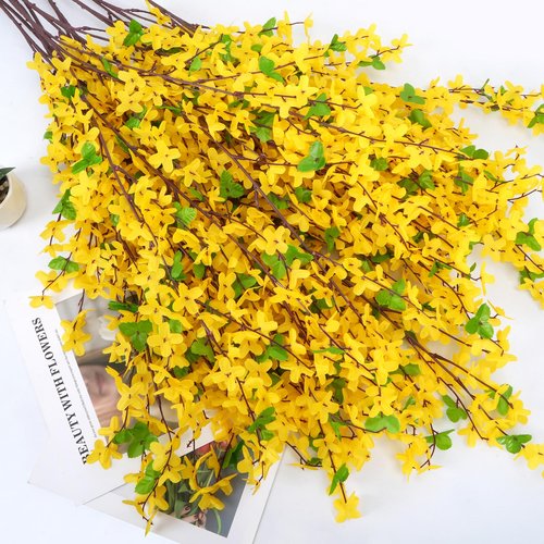 MHMJON 10PCS 34.65'' Artificial Forsythia Branches Yellow Flowers Fake Forsythia Blossom Long Stems Fake Winter Jasmine Cemetery Flowers for Home Table Wedding Graveyard Indoor Outdoor Decor