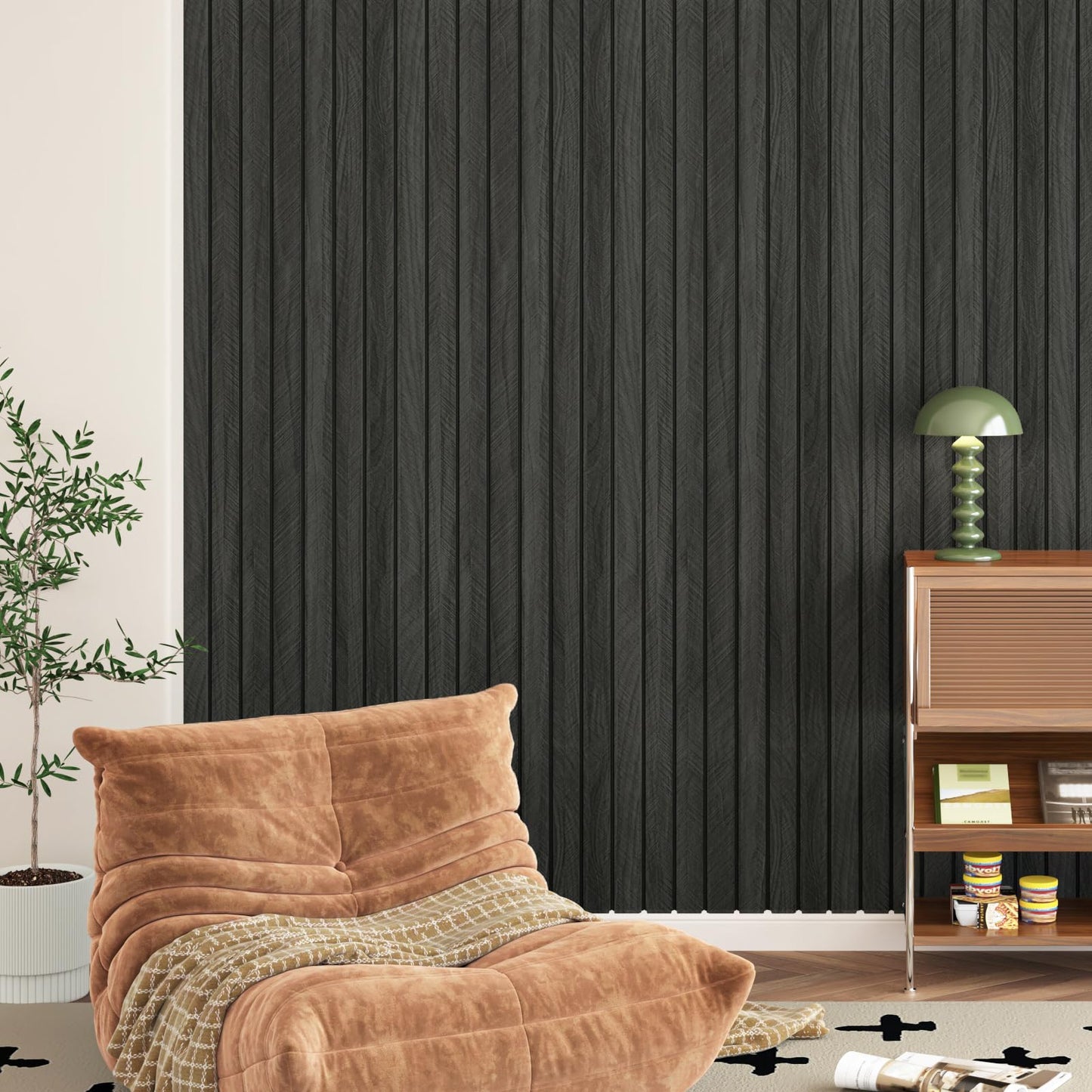 STICKEEP Self Adhesive Wood Slat Wall Paneling Grey/Black 3D Wood Panels for Wall Decor Soundproof Peel and Stick Wooden Grain Panel Wallpaper for Living Room Bedroom Dinner Office 11.8" x 118"