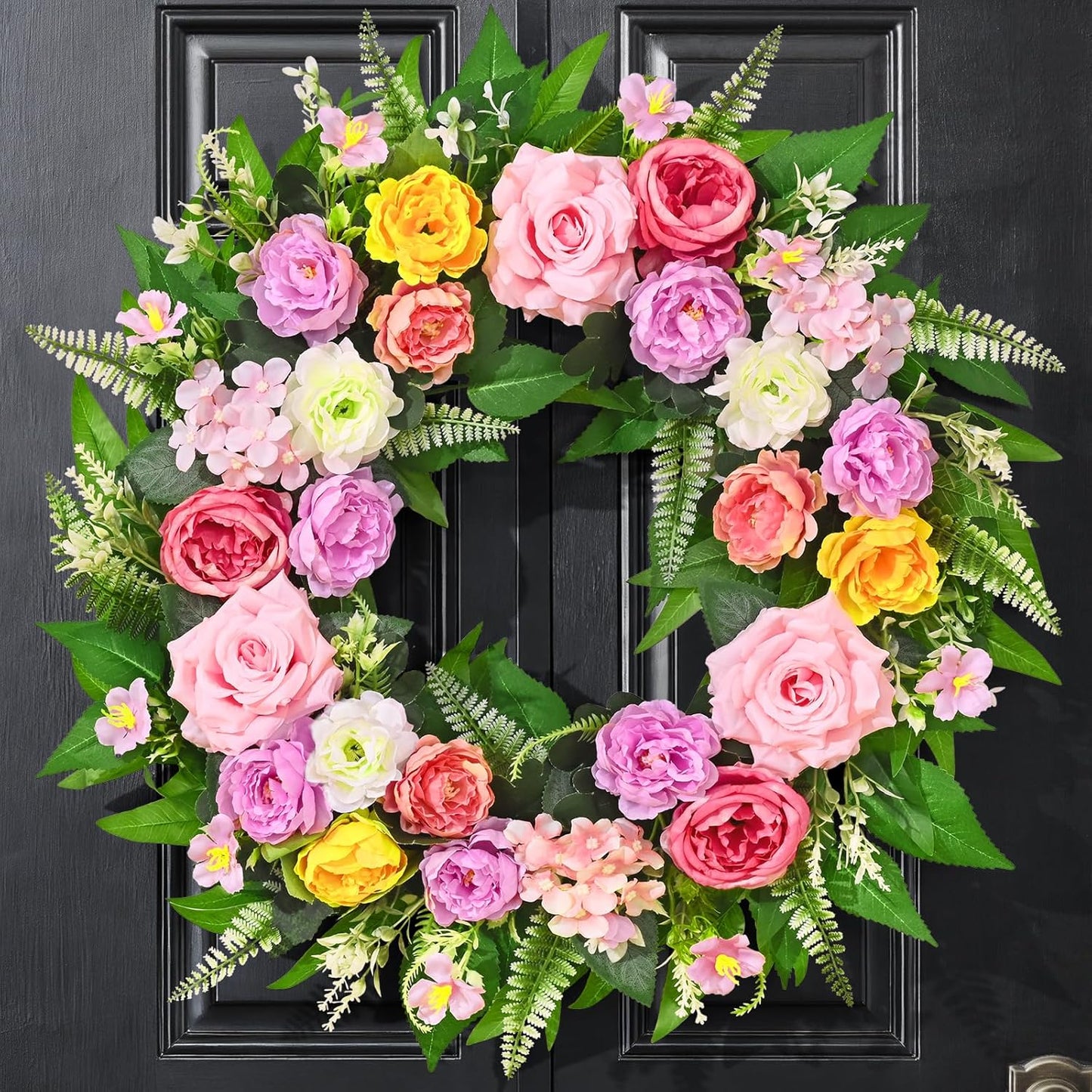 Yastouay 24-Inch Summer Wreath - Realistic Rose Peony Floral Decor for Front Door & Patio