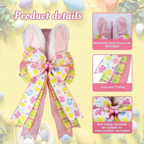 Easter Tree Topper Hat with Bunny Ears, Pink Velvet Top Hat Tree Topper with Bow, Egg Ribbon Spring Tree Decorations Ornament for Easter Christmas Tree Indoor Outdoor