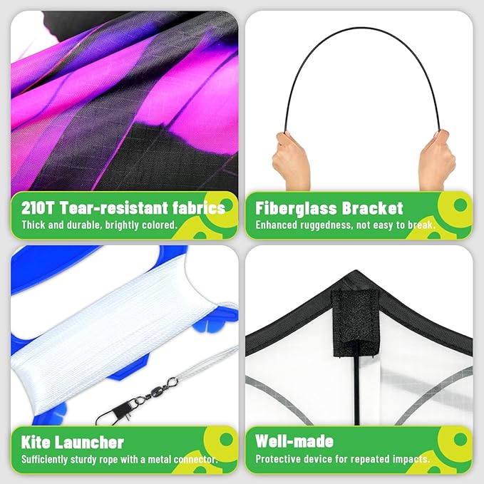 Butterflys for Kids, Beautiful Kite Easy to Fly for Beginners with 328 ft Line & Line Winder (1m-Tiger Spotted Butterfly-(Green+Orange+Purple), 3)