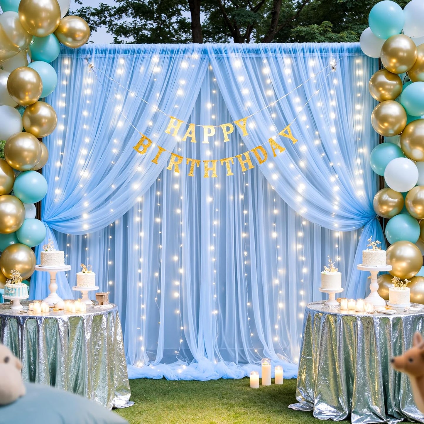 Suppromo 2 510ft Baby Blue Backdrop Curtains with Lights String for Baby Shower Parties Panels Sheer Tulle Backdrop