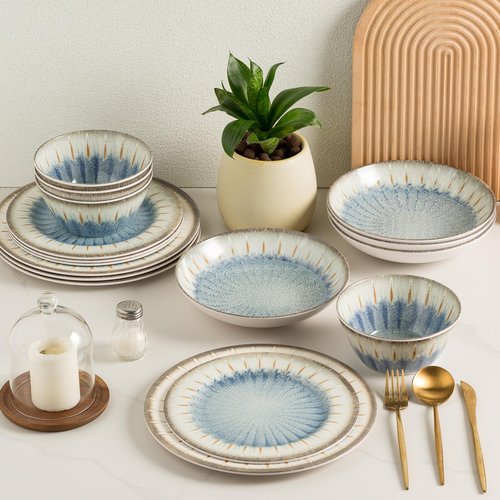 MissYip Melamine Dinnerware Set, 16 Piece for 4, Unbreakable Kitchen Plastic Plates and Bowls set, Indoor and Outdoor Use Tableware, BPA Free, Dishwasher Top Safe, Not Microwave, Not Oven(Blue)