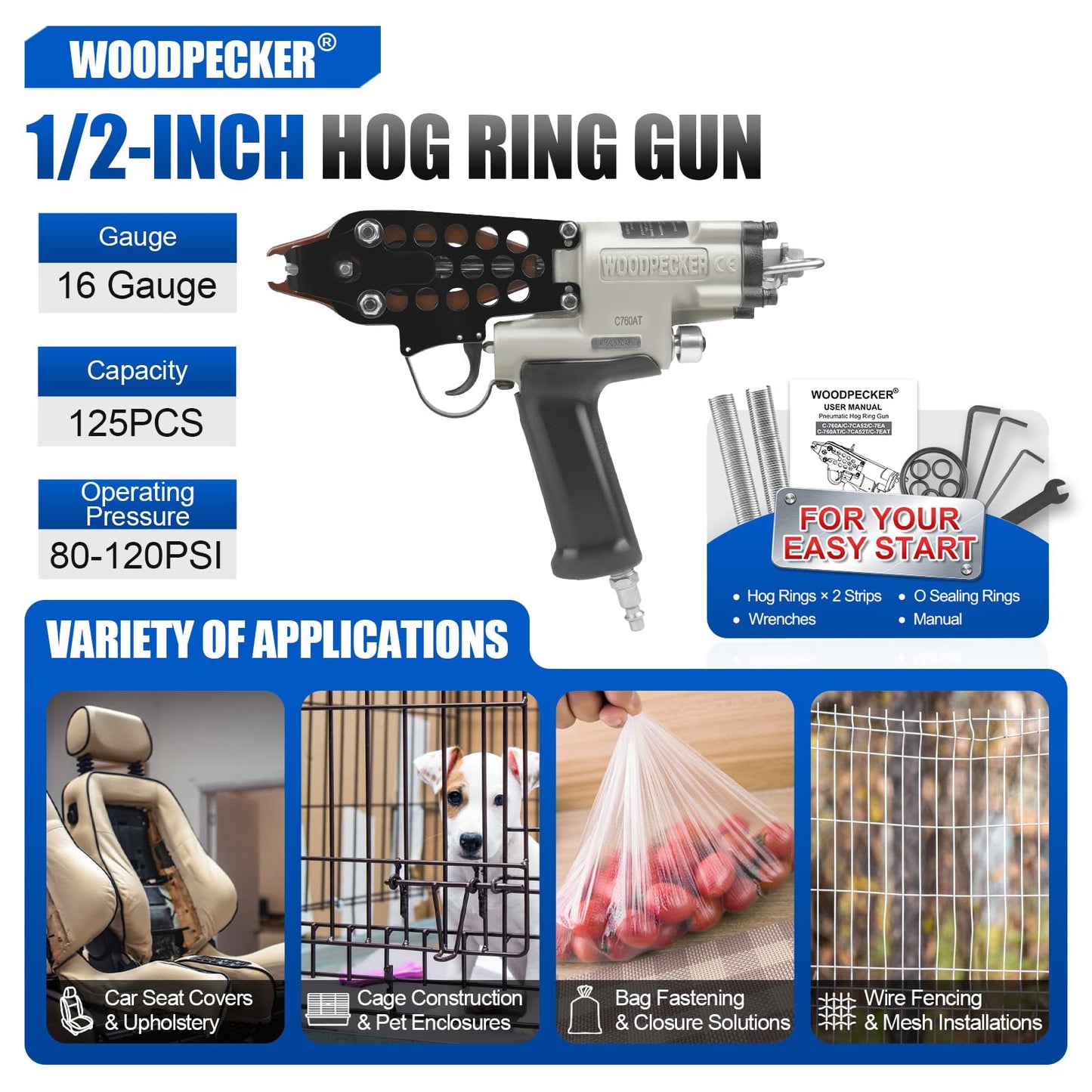 WOODPECKER C-760AT 16 Gauge 1/2-Inch Pneumatic Hog Ring Gun, 0.118"-0.189" Closure Diameter, Tight Loops, Air Hog Ring Piler Pneumatic C Ring Gun for Cages, Wire Mesh, Traps, Upholstery