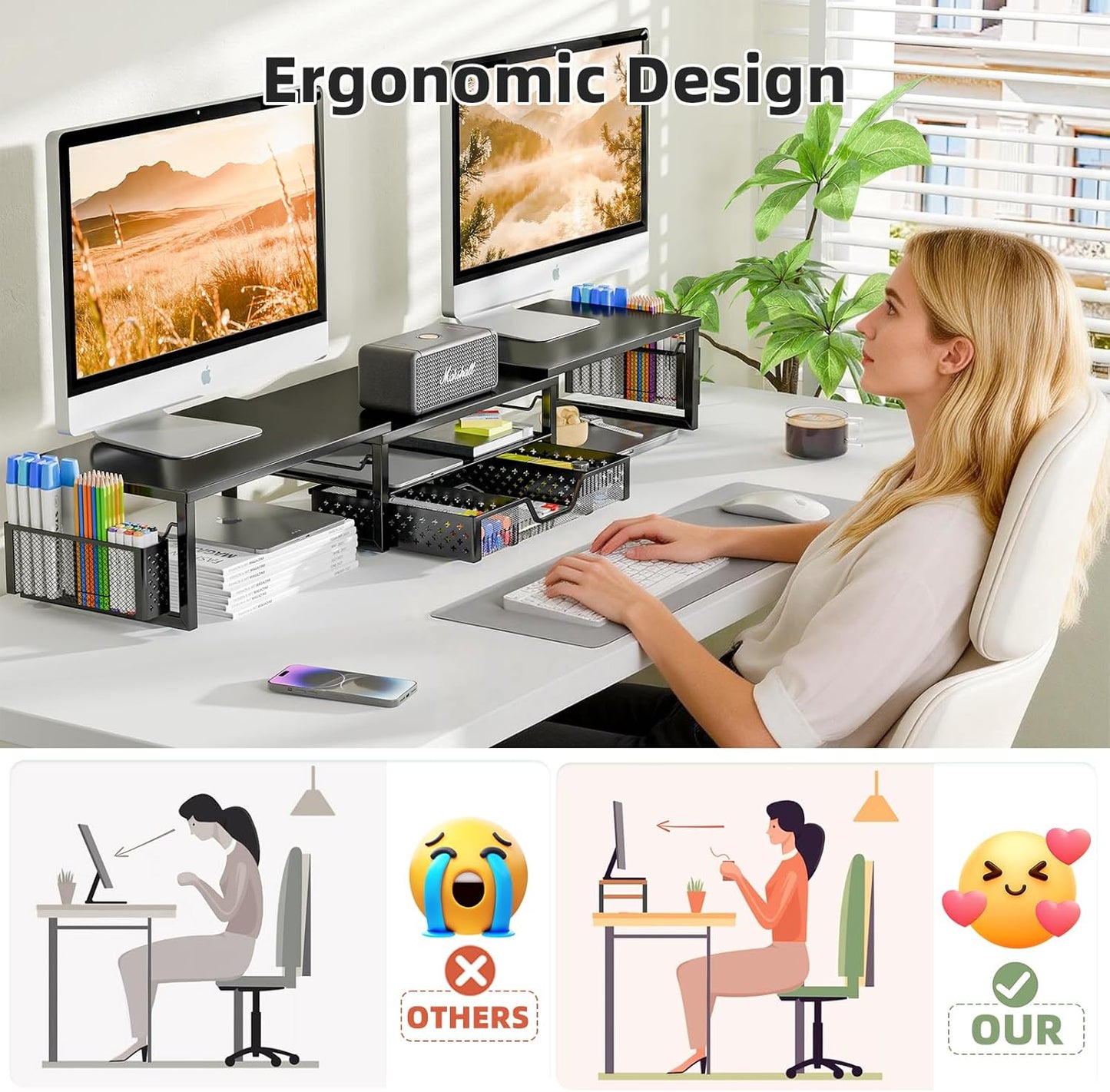 2 Simple Trending Desk Organizers and Accessories, Dual Monitor Stand Riser with Drawer and Pen Holder, Shelf for Top