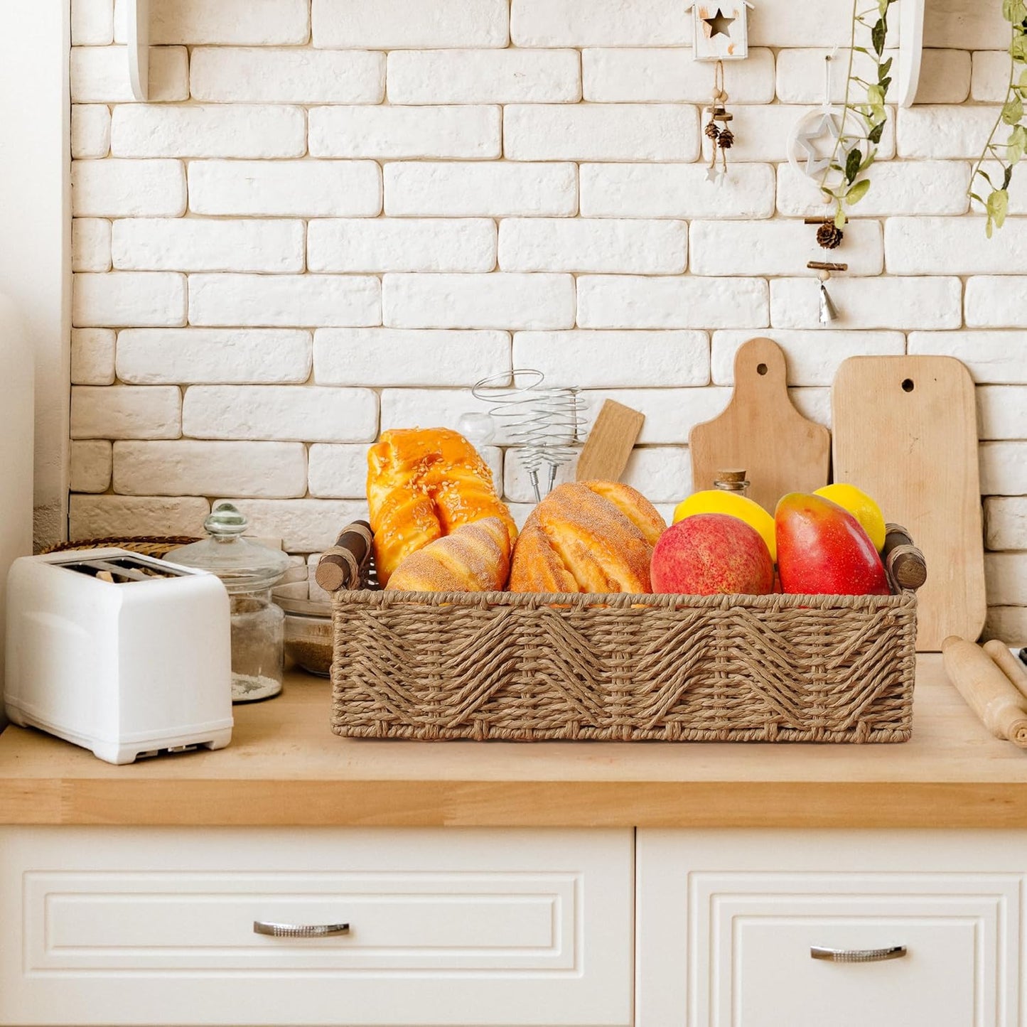 Skiennix Bathroom Baskets - Decorative Storage with Handle for Countertop & Toilet Paper | Cream Set
