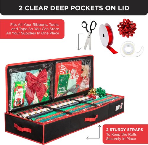 HOLDN’ STORAGE Wrapping Paper Storage Container - Durable 600D Tear-Proof, Fits 27 Rolls, Extra Pockets for Ribbons & Bows - Black Underbed Organizer for Holiday Gifts