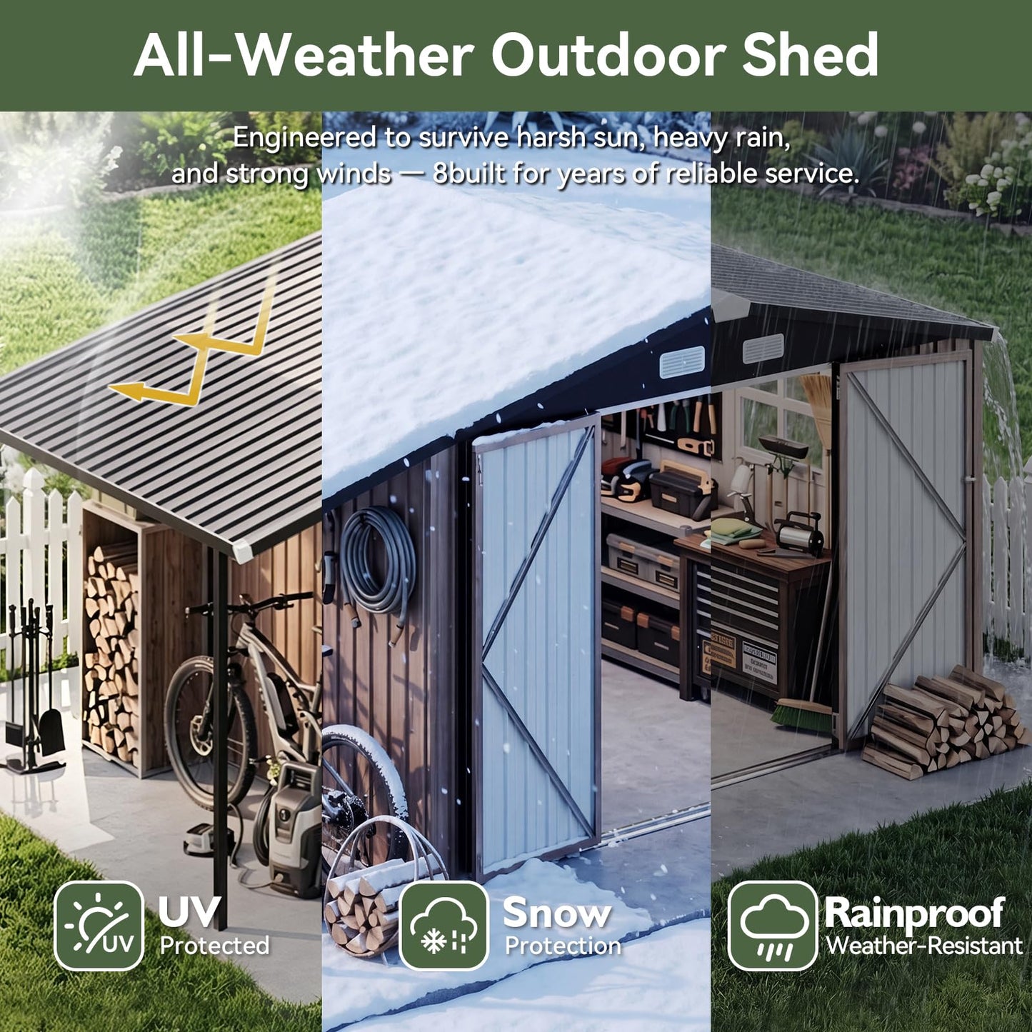 Aoxun 8x12 FT Outdoor Storage Shed Metal Sheds with Open Firewood Storage,Galvanized Steel Garden Shed with Lockable Doors,Sloped Roof,Windows, 2 in 1 Large Tool Shed for Patio, Backyard, Lawn (Brown)