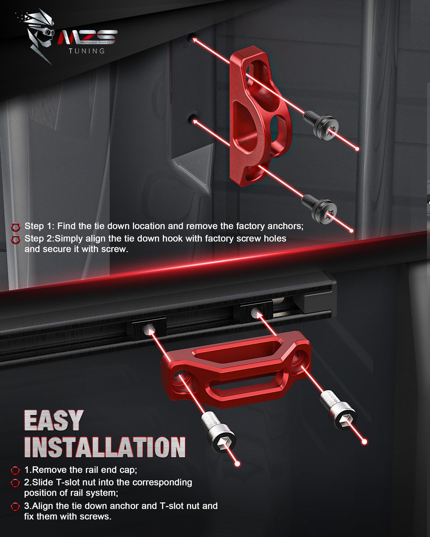 MZS Tacoma Tie Down Anchors Kit, Bed Cleats + Rope Hooks Combo Compatible with 2005-up Tacoma Tundra Cargo Management System, Replace PT278-35160 663120C010, Red, 6Pcs