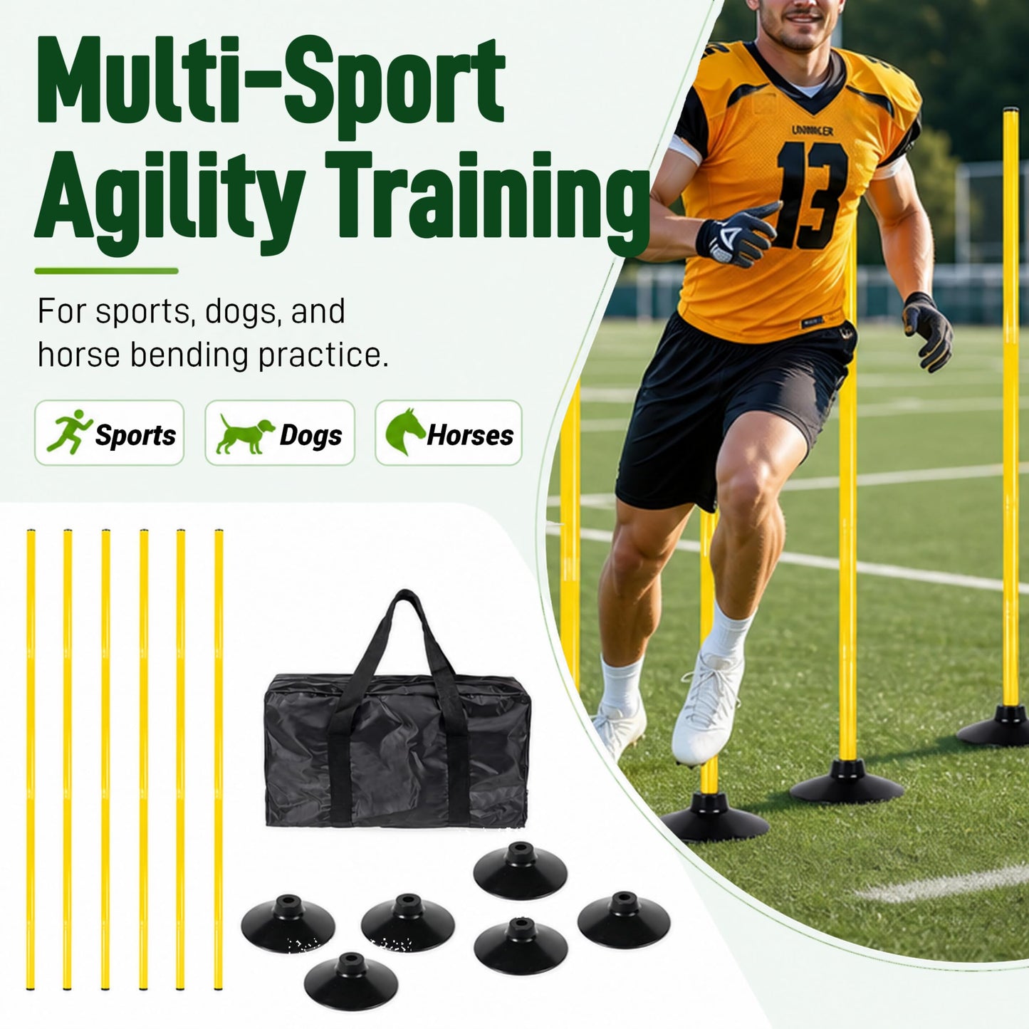 6 Pack Soccer Agility Training Poles, 5 FT Adjustable Speed and Agility Training Equipment for Football/Basketball/ Dog Practice, Bending Poles for Horses with Rubber Bases and Carry Bag (Yellow)