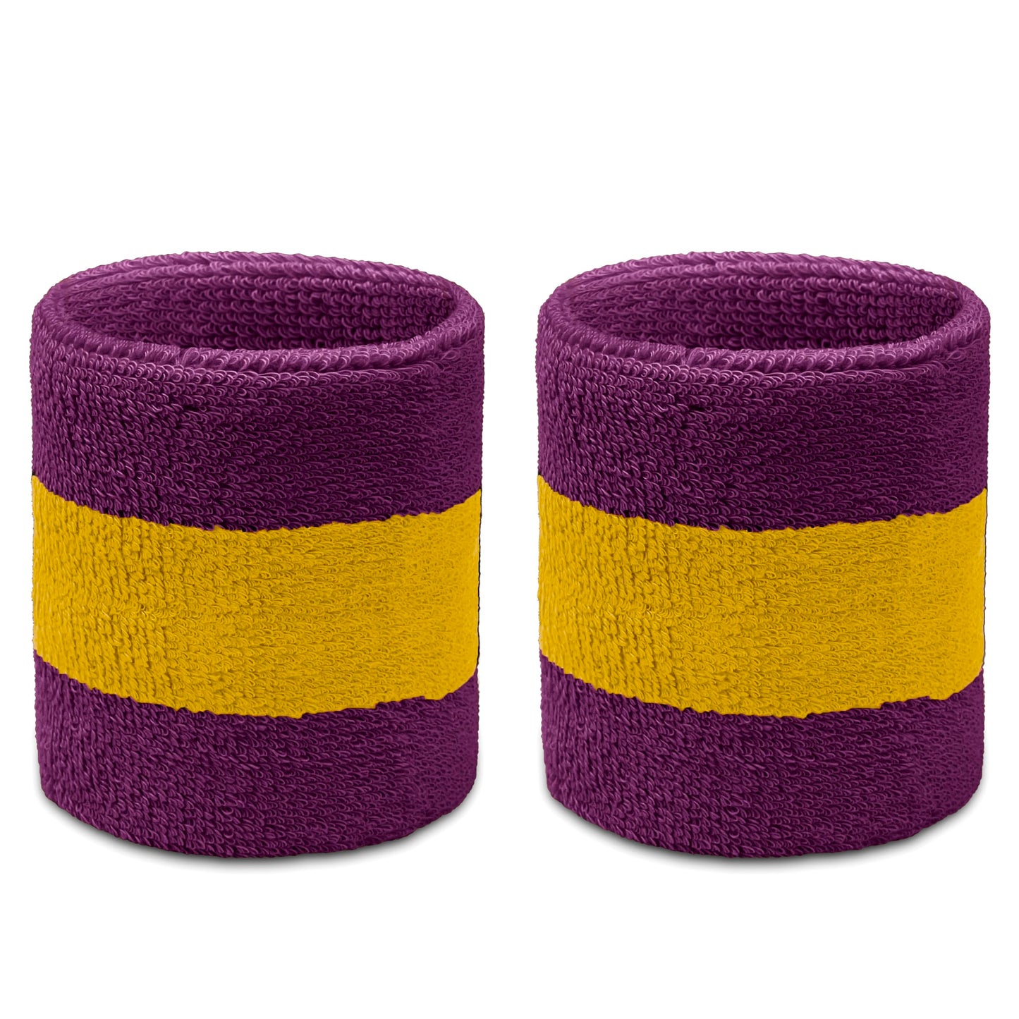 COUVER Sweatband Set (3-Pack) - Cotton Terry Cloth Sports Headband & Wristbands - Moisture Wicking for Basketball, Tennis & Fan Gear, Golden Yellow/Purple