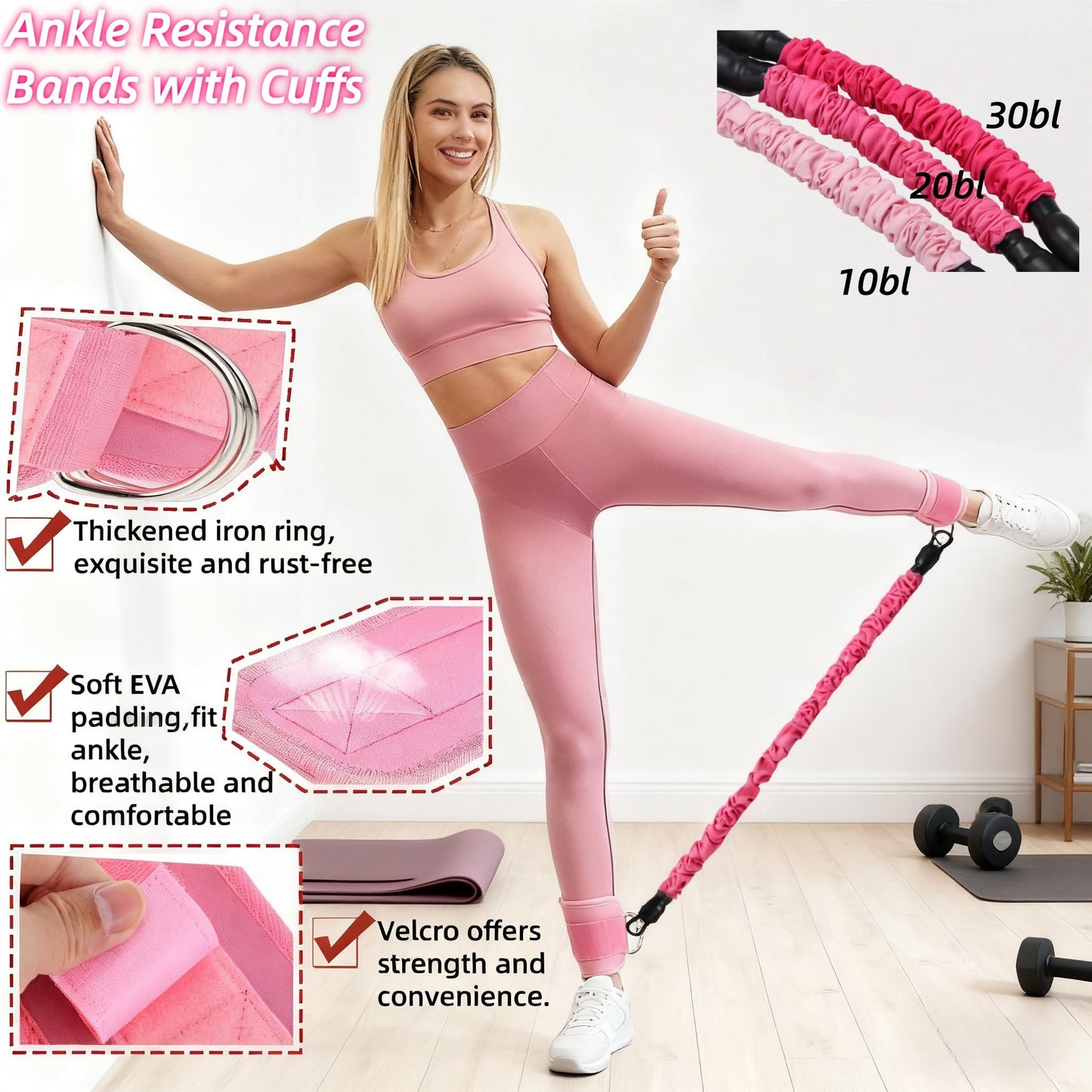 Ypdroy Ankle Resistance Bands with Cuffs Set, Resistance Bands Small Yoga Ball Massage Ball Headband, Ankle Bands for Workout Leg Butt Training,Women Fitness Equipment Home Gym Pilates (Pink)