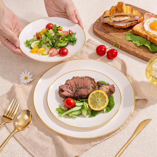 bUCLA 100PCS Ivory Plastic Plates with Gold Rim - Heavy Duty Cream Disposable Include 50 Dinner 10 inch & 50 Dessert 7 inch, for Party & Wedding