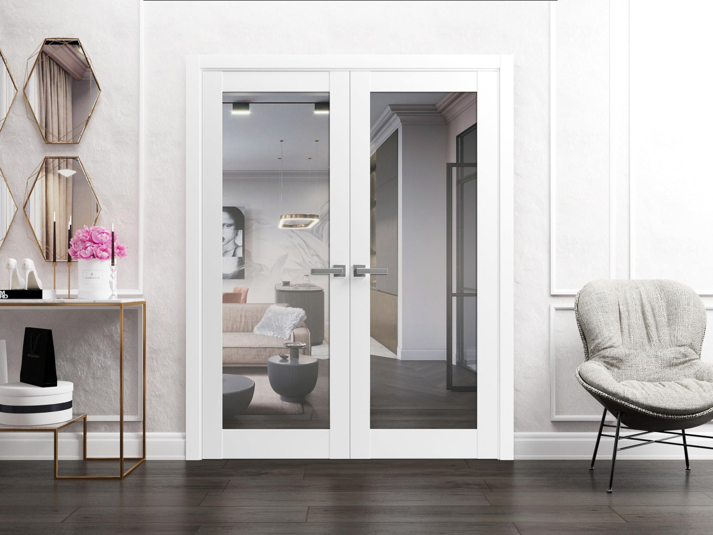 SARTODOORS Lucia 1299 | Double Swing Interior French Doors with Glass with Mirror, Solid Wood, Hardware Included, 36x80, White, Modern