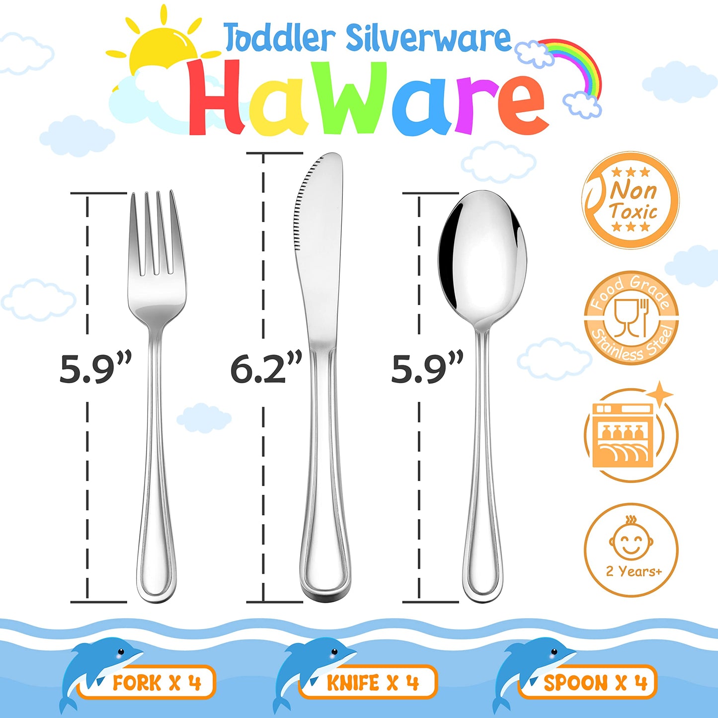 HaWare 12-Piece Kids Silverware, Stainless Steel Toddler Utensils Flatware Set, Preschooler Eating Utensils Includes 4 Spoons 4 Forks 4 Knives, Metal Children Cutlery for Home School, Mirror Finished