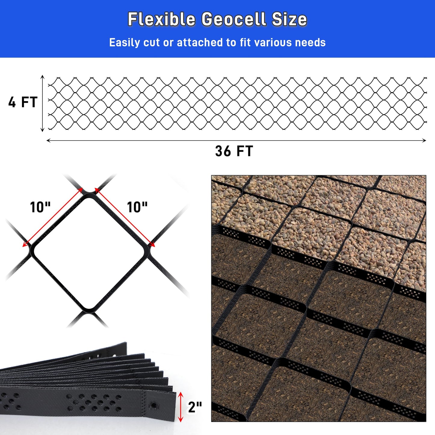 2" Depth Ground Grid for Gravel, 36x4 FT Geo Gravel Grid Driveway 1885 lbs per Sq Ft Load with Connection Buckles, Geo Cell Permeable Stabilization System for Driveways Walkway Slope Pathway & Garden