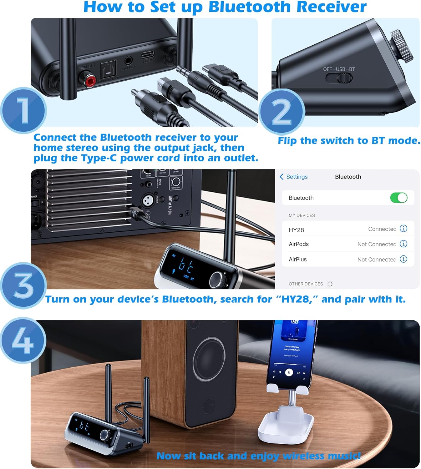 KAIY 3.5mm Bluetooth Receiver for Home Stereo, Low Latency Optical & Coaxial Bluetooth Audio Adapter with AUX, Wireless