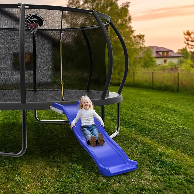 Heavy Duty Plastic Trampoline Slide with Support Frame for 8-16FT, Outdoor Plastic Slide for Trampoline, Adjustable Safer Trampoline Ladder for Kids 6+, 220 LBs Capacity, Blue
