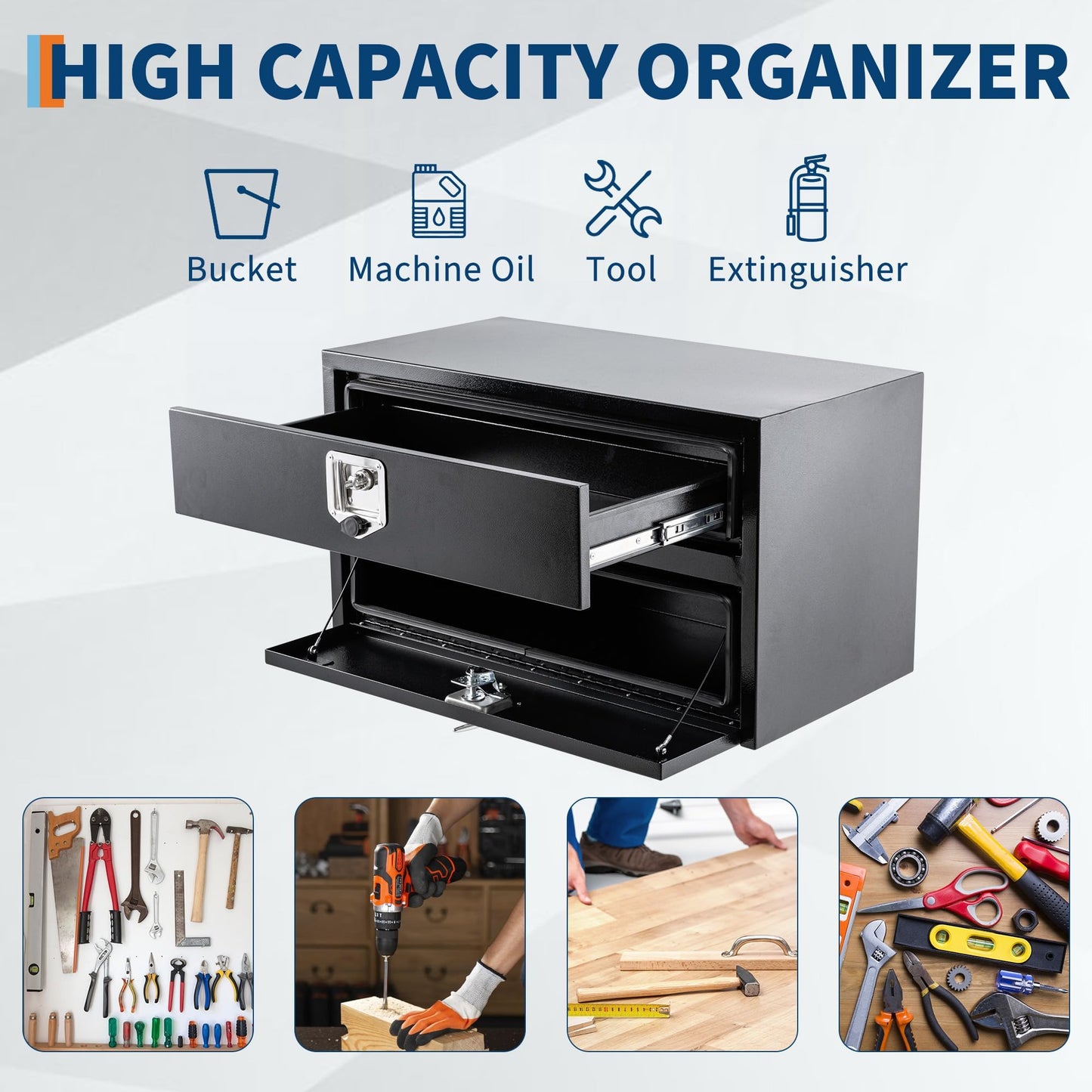 24'' Black Steel Truck Tool Box with Drawer, Heavy Duty Two-Tier Underbody Storage Organizer with Lock and Keys, Waterproof Pickup Truck Bed Toolbox for RV, Trailer, Cargo Equipment 24" x 18" x 20''