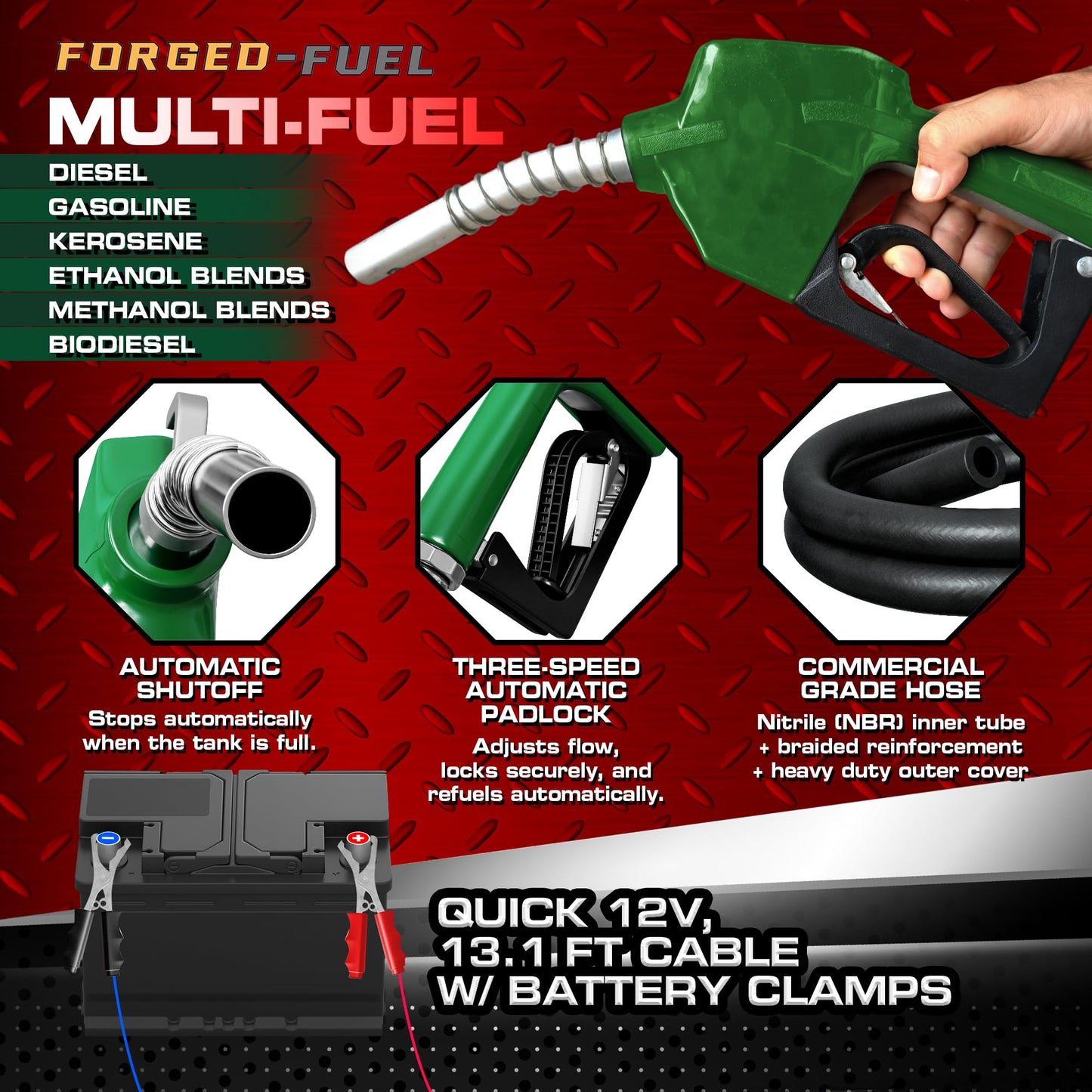 Forged-Fuel Heavy Duty 12V Fuel Transfer Pump, 15 GPM Flow Rate with Premium Filter Package for Diesel,Gasoline, Kerosene, Ethanol and Biodiesel