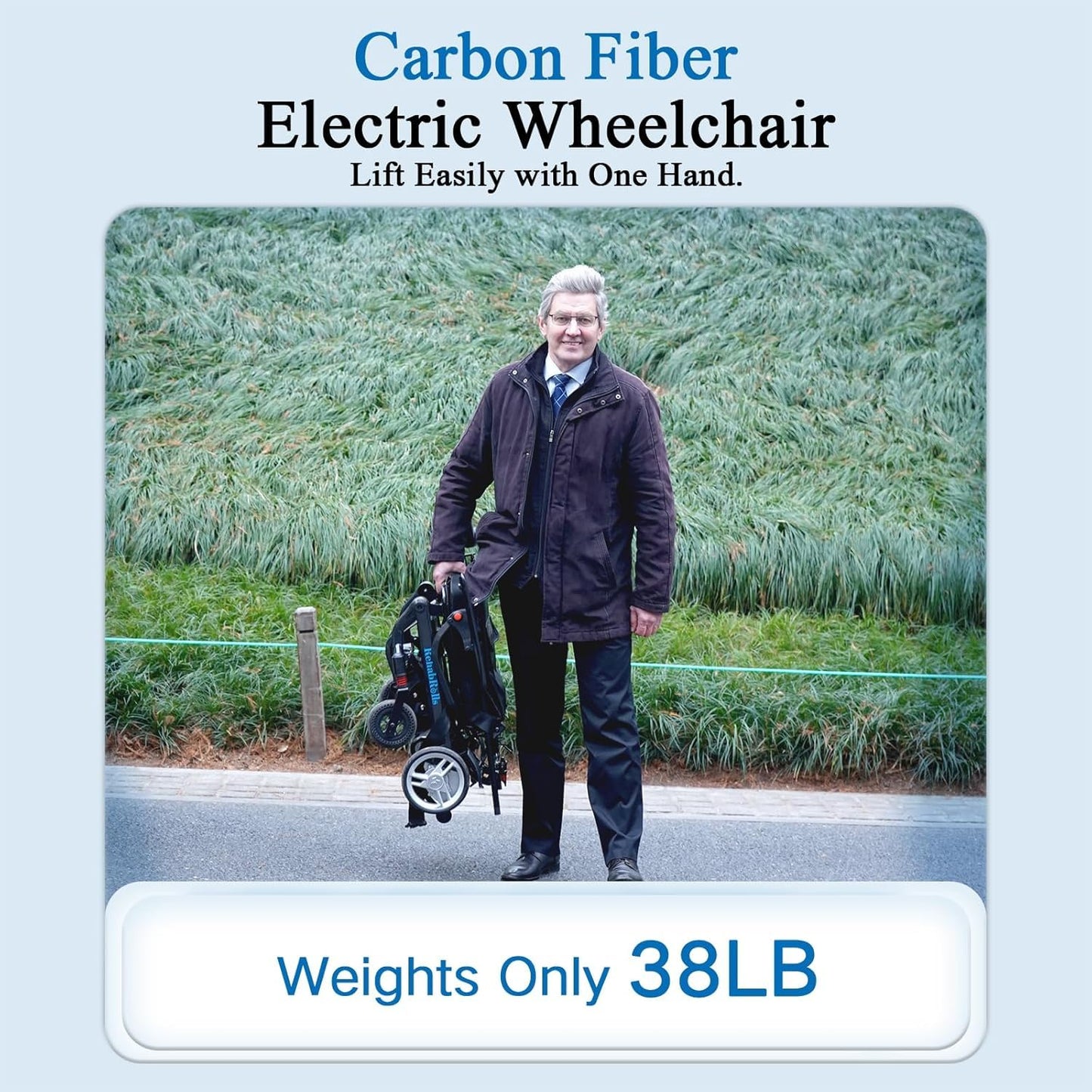 RehabRolls Carbon Fiber Electric Wheelchair 33lbs for Adults, Lightweight 15 Miles Range Power Motorized Wheelchair Foldable, Air Approved