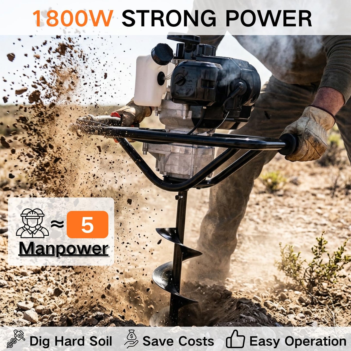 DC HOUSE 52cc 1800W Gas Powered Earth Auger EPA Certified Post Hole Digger, with 2 Drill Bits 6" 10", Mixing Ratio 30:1, for Fence, Farmland and Garden