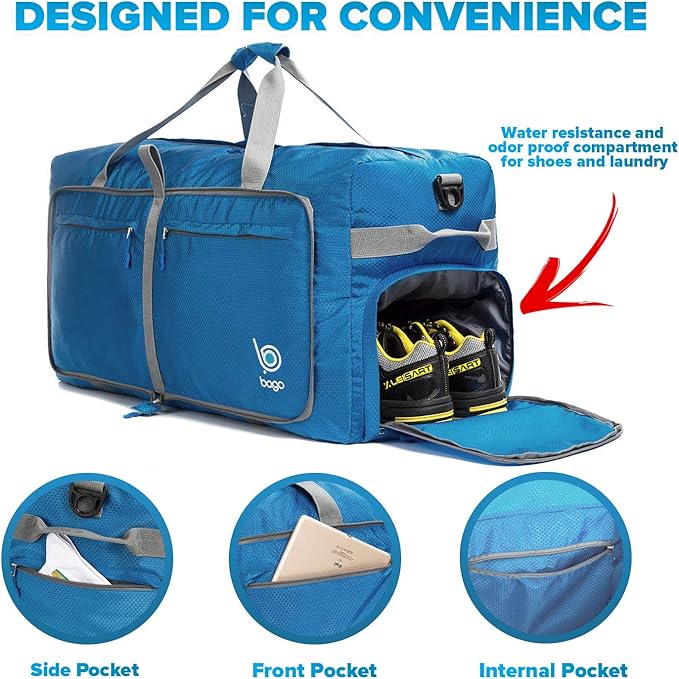 Bago Big XXL Foldable Duffel Bags for Traveling Women & Men - 140L Packable Duffle Bag for Travel with Shoe Compartment - Water Repellant, Heavy Duty, Lightweight Folding & Collapsible (Blue)