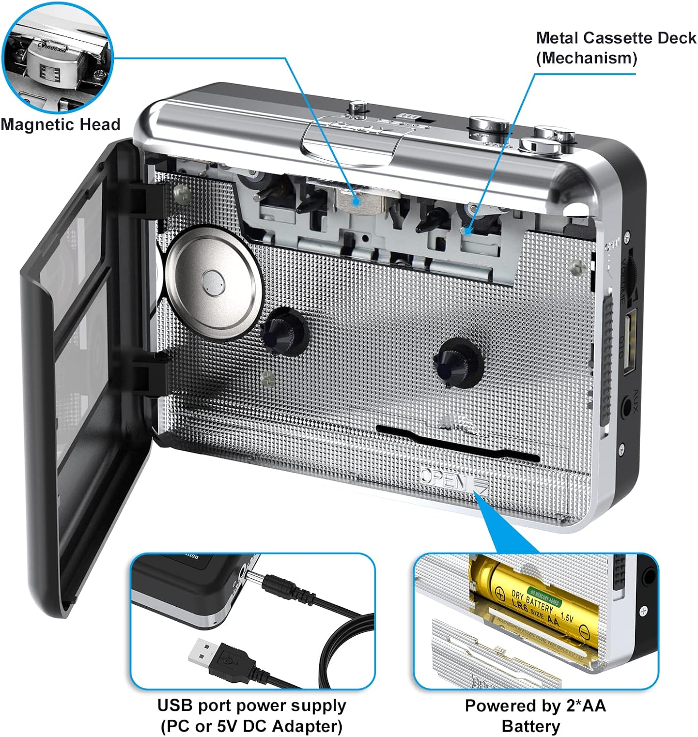 Cassette Cassette MP3 Cassette Portable Player, USB to Converter, Audio Music to Digital Converter with Headphones, No