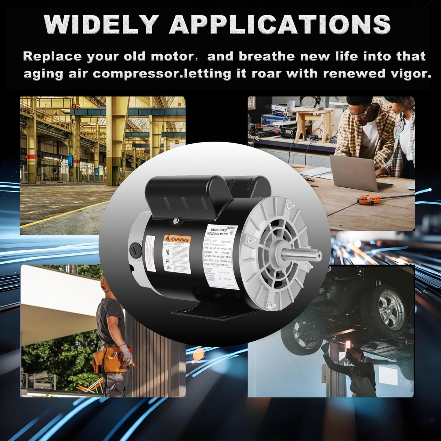 Kunray Air Compressor Motor, 3HP SPL Electric Motor, 56 Frame 3450 RPM,115/230V,18/9Amps Single Phase Motor, 5/8" Keyed Shaft, 1.88" Shaft Length 60 HZ,CCW Rotation