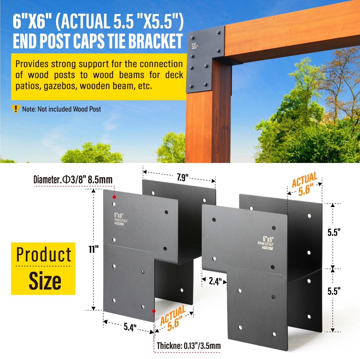 Aecxm 6"x6" (Actual 5.5"x5.5") Heavy Duty End Post Caps Tie Brackets for Wood, Deck Post to Beam Connector Bracket Stainless Steel 4Pack