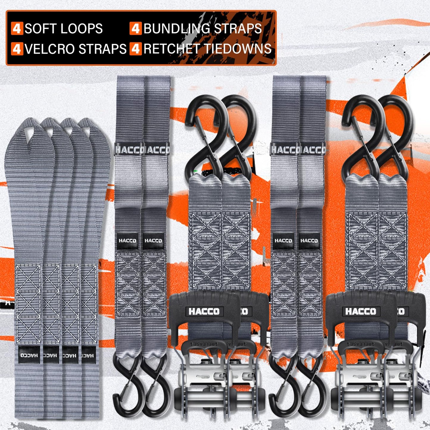 HACCOPLANET Ratchet Straps, 5280lb Break Strengeth, 1.6" Heavy Duty Ratchet Tie Down Strap Set w/Padded Handle, S Hook, Soft Loop for UTV Motorcycle Truck Cargo Straps (Grey, 8FT)